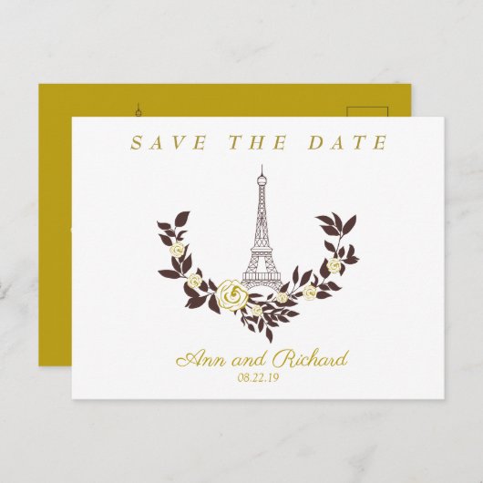 Floral Gold Parisian Wedding Design Aankondigingskaart (Voorkant / Achterkant)