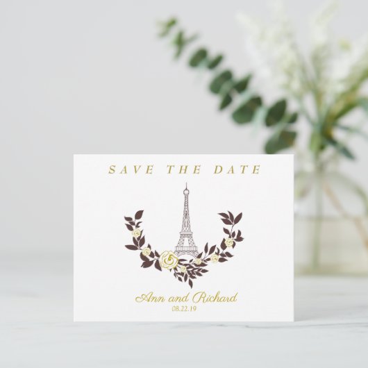 Floral Gold Parisian Wedding Design Aankondigingskaart (Staand voorkant)