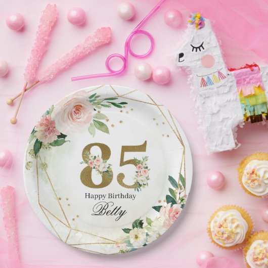 Floral & Gold Personalized 85th Custom Papieren Bordje (Feest)