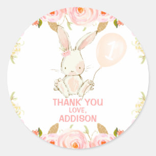 Floral Gold Pink Bunny Pink Ballon 1e verjaardag Ronde Sticker