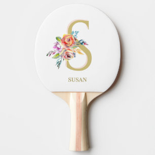 Floral Gold Pink White Personaliseren Tafeltennisbatje
