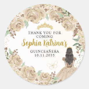 Floral Gold Prinses Quinceanera Verjaardagsgunst Ronde Sticker