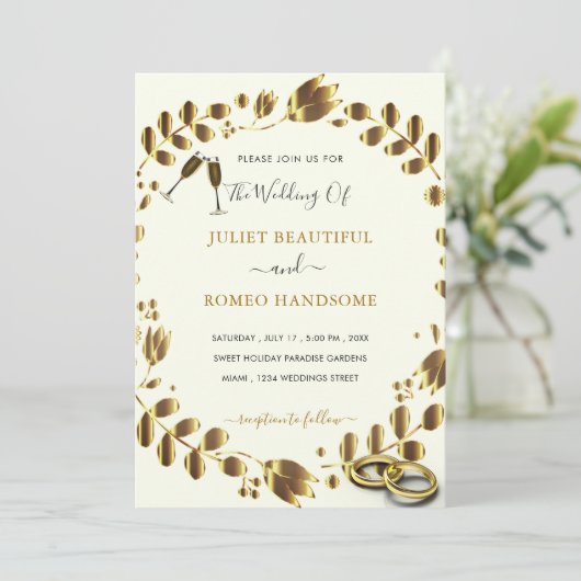 Floral Gold QR Code Huwelijksuitnodiging Sjabloon (Staand voorkant)