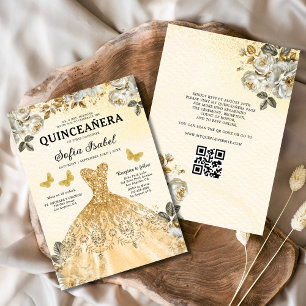 Floral Gold QR Code Princess Quinceanera Kaart