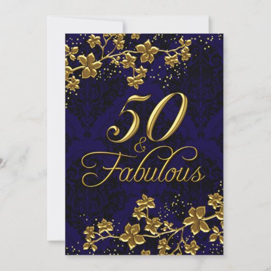 Floral Gold Royal Blue 50 & Fabulous Invitation (Devant)