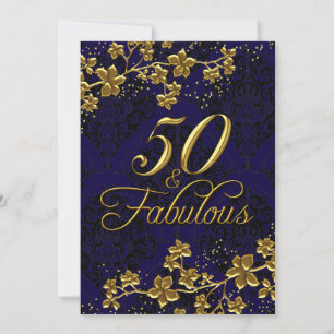 Floral Gold Royal Blue 50 & Fabulous Invitation