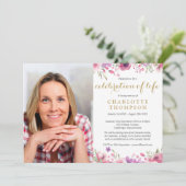 Floral Gold Script Viering van het leven begrafeni Kaart (Staand voorkant)