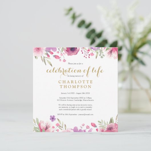 Floral Gold Script Viering van het leven begrafeni Kaart (Staand voorkant)