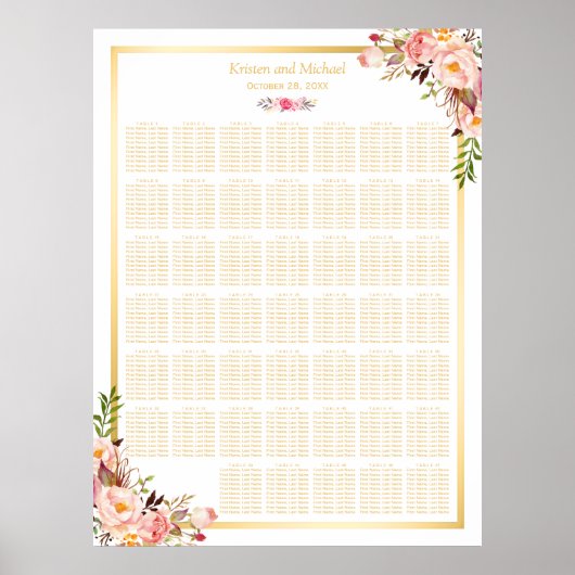 Floral Gold | Tables Wedding Seating Chart Poster (Voorkant)