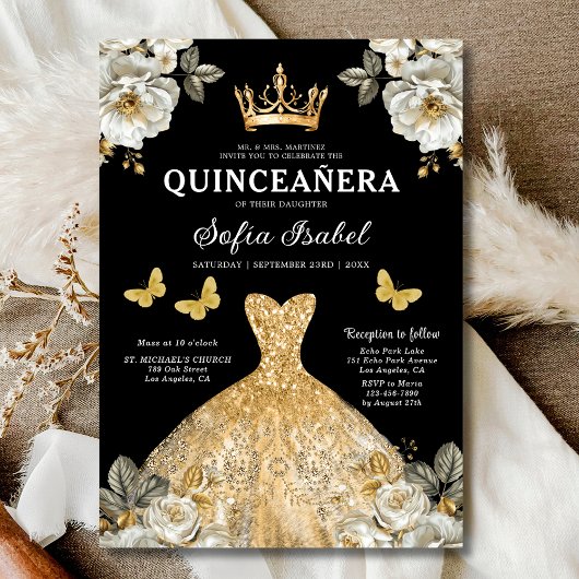 Floral Gold Tweetalige Spaanse Quinceanera Kaart