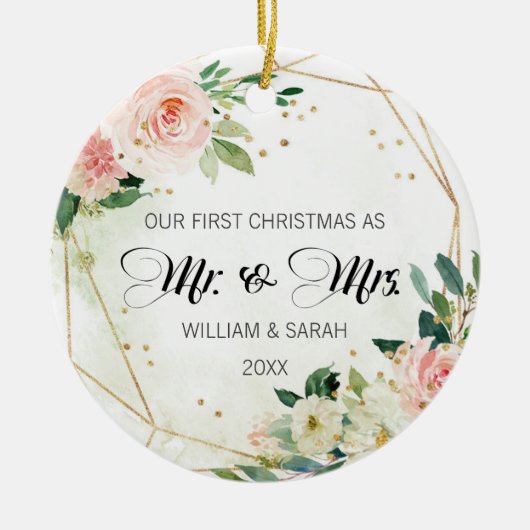  Floral & Gold Waterverf Eerste Kerstmis Keramisch Ornament (Voorkant)