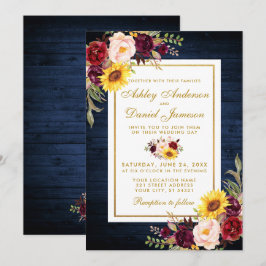 Floral Gold Wedding Rustic Blue Wood Waterverf Kaart