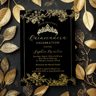 Floral Gold Zwart Quinceanera Folie Uitnodiging
