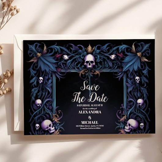 Floral Gothic Halloween bruiloft Save The Date