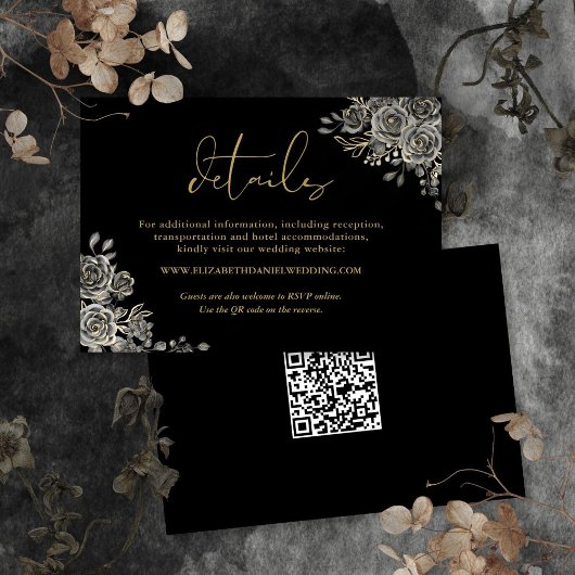 Floral Gothic QR Code Gold Wedding Details Informatiekaartje