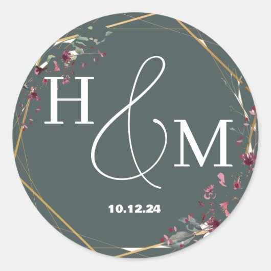 Floral goud Elegant Modern Monogrammed bruiloft Ronde Sticker (Voorkant)