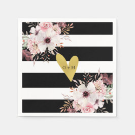 Floral Goud Hart Zwart Wit Trouwpapier Servet
