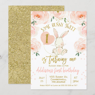 Floral goudroze bunny 1st Birthday Uitnodiging