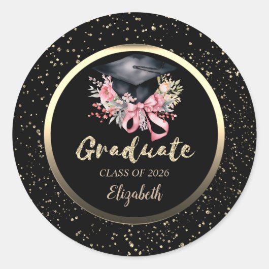 Floral Grad Cap Pink Bow Confetti   Ronde Sticker (Voorkant)