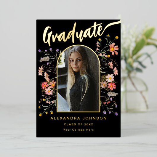Floral Graduate Photo Graduation Party Script Goud Folie Uitnodiging (Staand Voorkant)