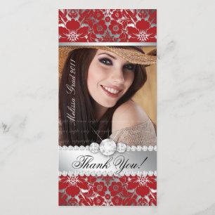 Floral Graduation Carte photo Silver Red Damask
