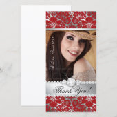 Floral Graduation Carte photo Silver Red Damask (Devant / Derrière)