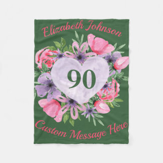Floral Green 90th Birthday Blanket for Women Fleece Deken