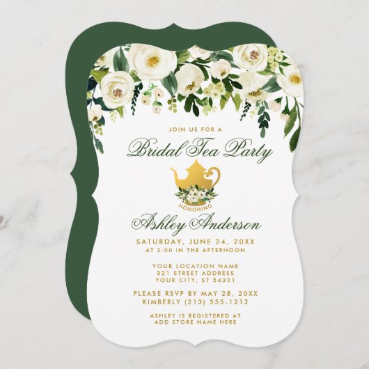 Floral Green and Gold Bridal Tea Party nodigt GB u Kaart (Voorkant / Achterkant)
