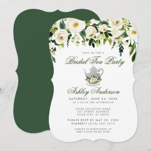 Floral Green Bridal Tea Party Silver Invite GB Kaart