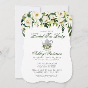 Floral Green Bridal Tea Party Silver Invite Kaart
