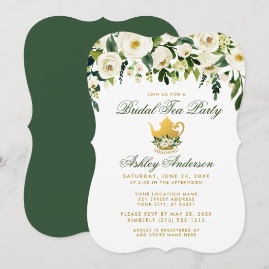 Floral Green et Gold Invitation de la fête du thé (Devant / Derrière)