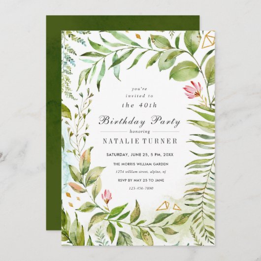 Floral Green Foliage Anniversaire Fête Invitation (Devant / Derrière)