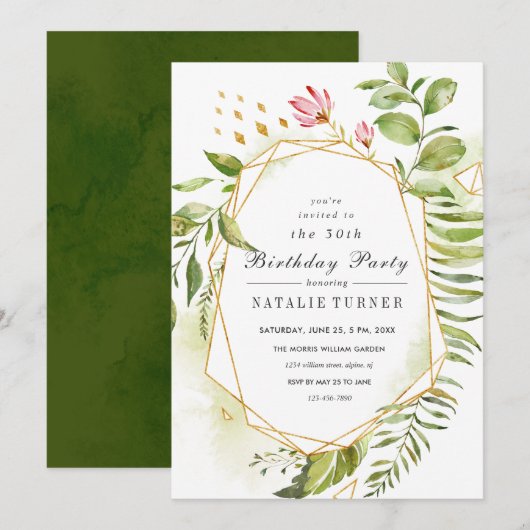 Floral Green Foliage Anniversaire Fête Invitation (Devant / Derrière)