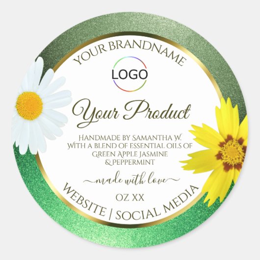 Floral Green Glitter White Gold Product Label Logo (Voorkant)