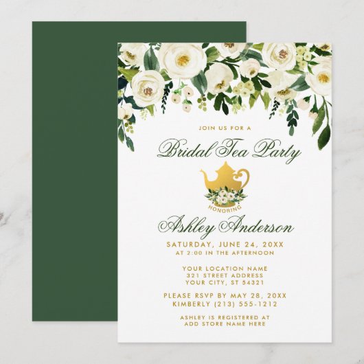 Floral Green Gold Bridal Tea Party Invitation GS (Devant / Derrière)