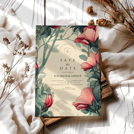 Floral Green Gold Wedding Art Nouveau Save The Date