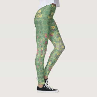 Floral Green Grey Tile  Leggings