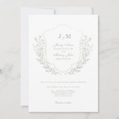 Floral Green Monogram Crest Wedding Invitation Kaart (Voorkant)