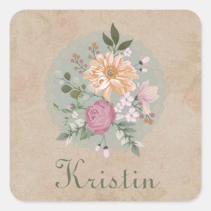 Floral Green Pink White Name Vierkante Sticker