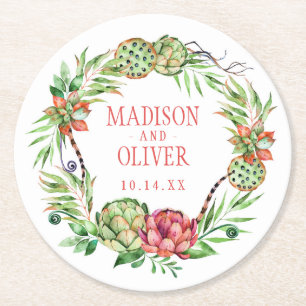 Floral Green & Roze Succulent Weddenschap Ronde Kartonnen Onderzetter