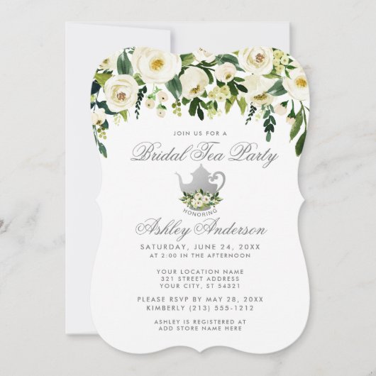 Floral Green Silver Invitation du Tea Party (Devant)
