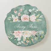  Floral Green Waterverf  Rustische Naam Rond Kussen (Achterkant)