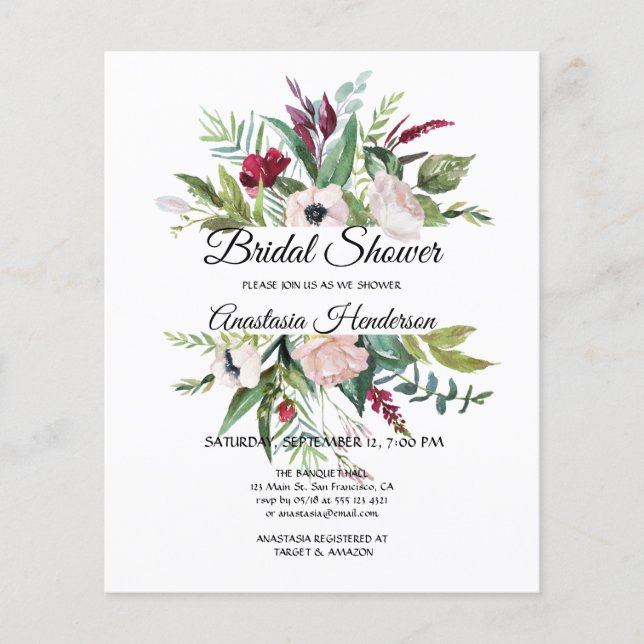 Floral & Greenery/BUDGET/Bridal Shower Invitation. (Voorkant)