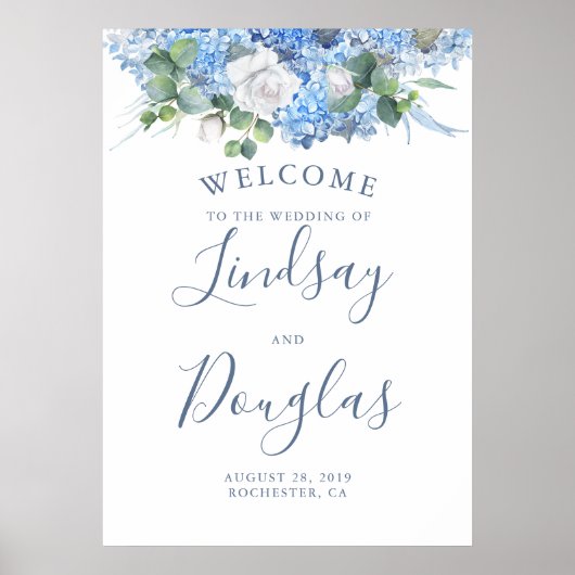 Floral Greenery Dusty Blue Wedding Welcome Sign Poster (Voorkant)
