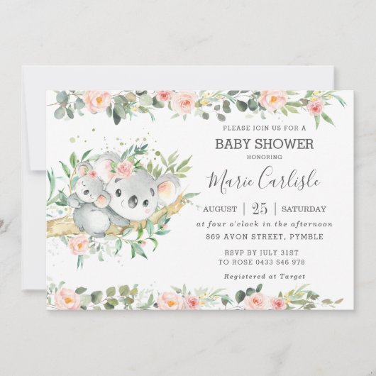 Floral Greenery Eucalyptus Koala Baby shower Girl Kaart (Voorkant)