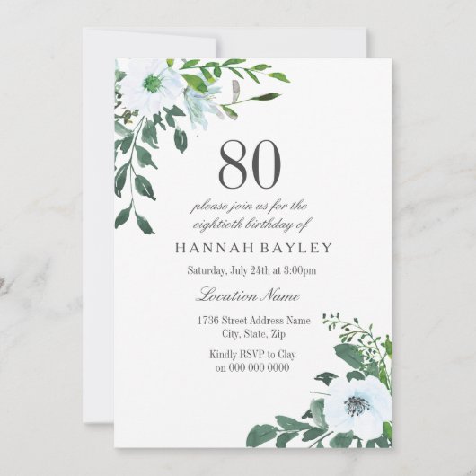Floral Greenery Invitation fête d'anniversaire 80e (Devant)