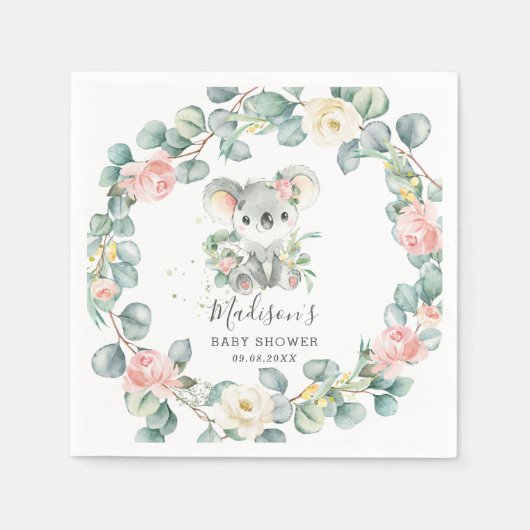 Floral Greenery Koala Baby Girl Shower Birthday Servet (Voorkant)