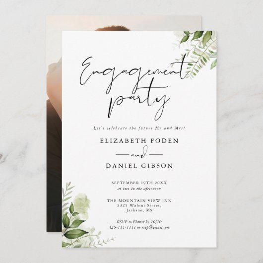 Floral Greenery Script Foto Engagement Party Kaart (Voorkant / Achterkant)