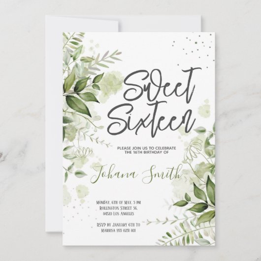 Floral Greenery Sweet Sixteen Birthday Uitnodiging (Voorkant)