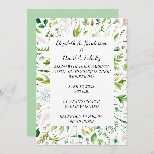 Floral Greenery Wedding Invitation Kaart (Voorkant / Achterkant)
